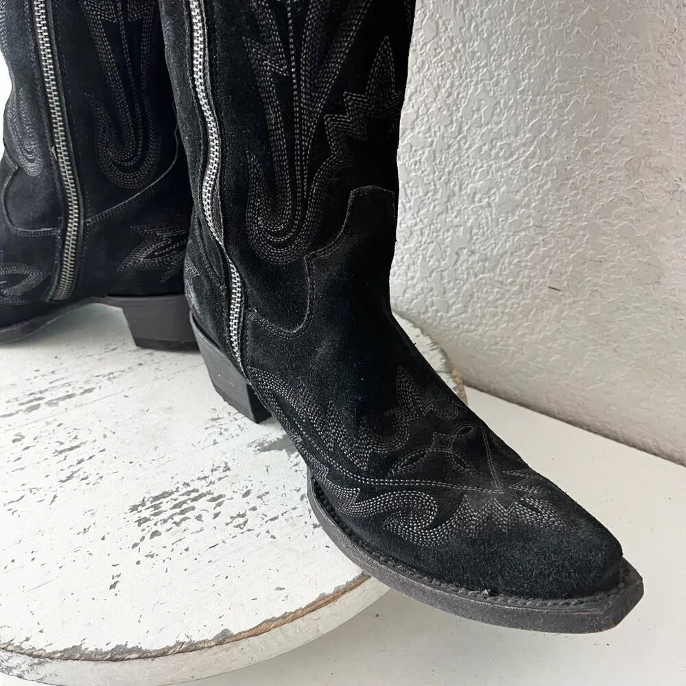 Lane LEXINGTON Over the Knee Cowboy Boots Black Suede Western Tall Snip Toe 7